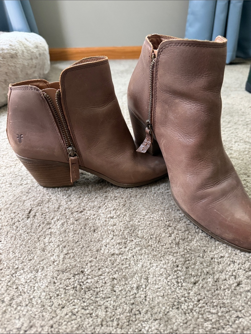 Frye Taupe Leather Ankle Booties with Side Zip